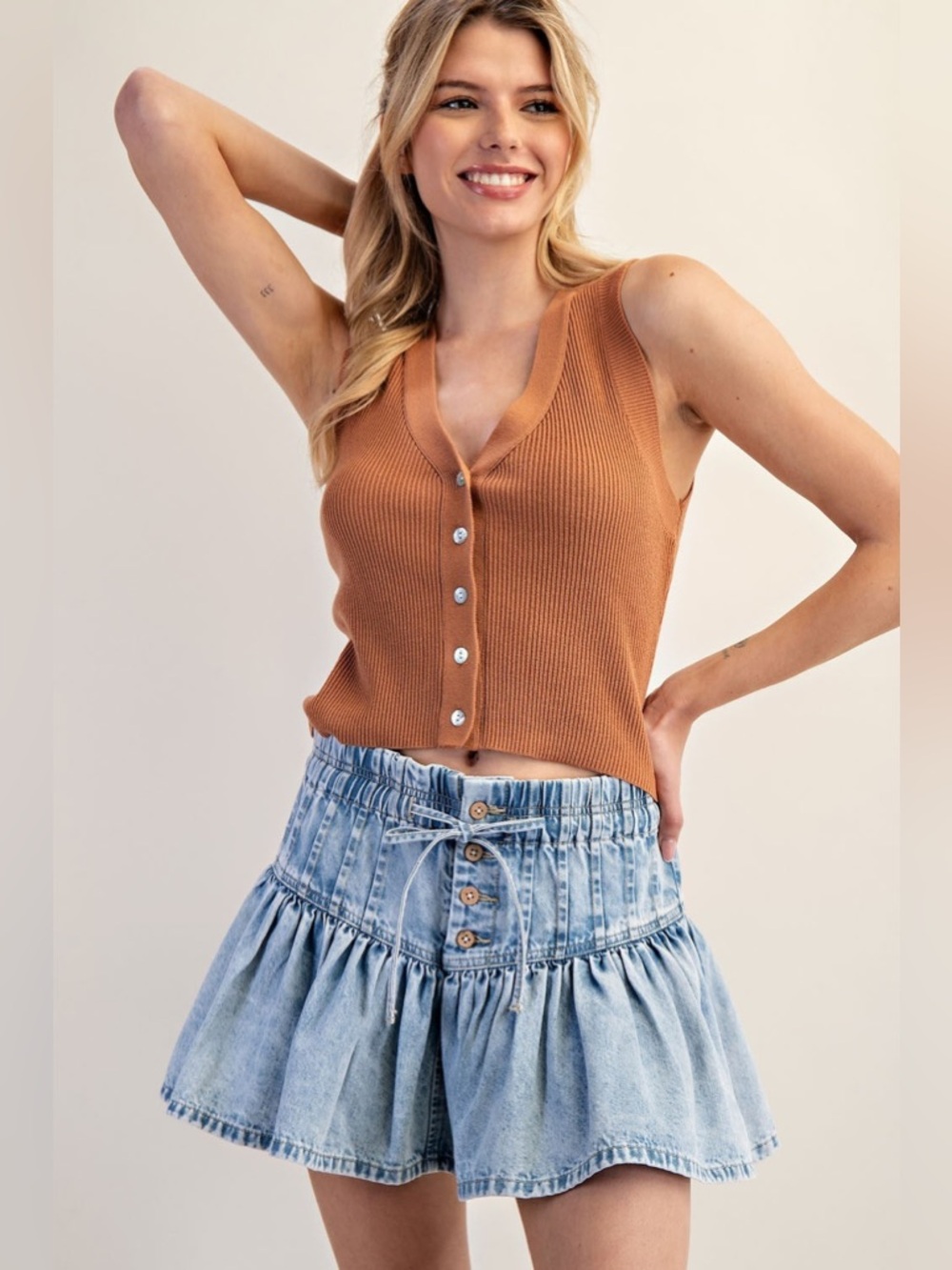 Ruffle Flared Denim Mini Skirt with Elastic Waist - eesome - Picture 5 of 6